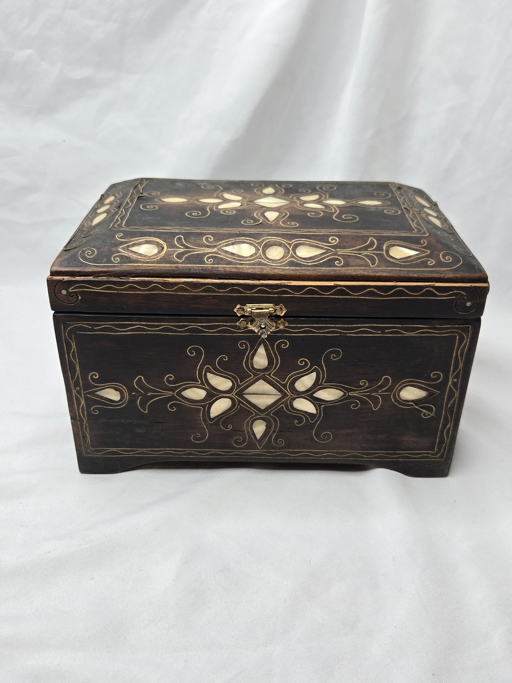 Vintage Handcrafted Inlaid Wood Jewelry Box Mother of Pearl Bone Purple Velvet